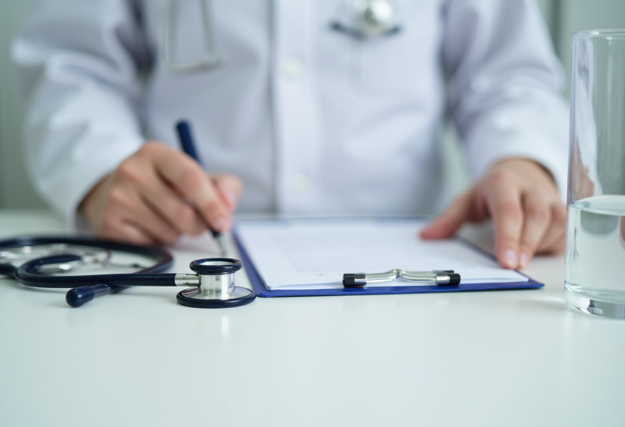 Clinician hands holding a clipboard beside a stethoscope and a glass of water