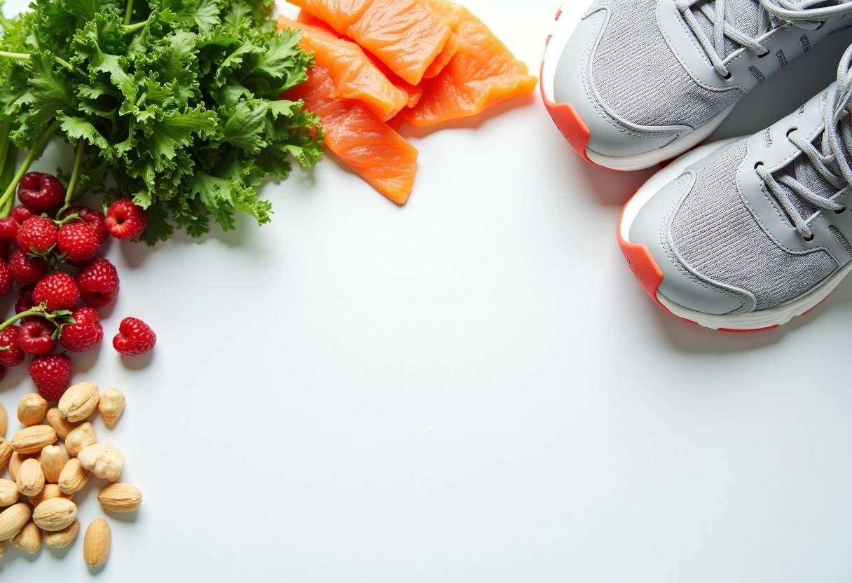 Flat-lay of heart-healthy foods next to a pair of running shoes