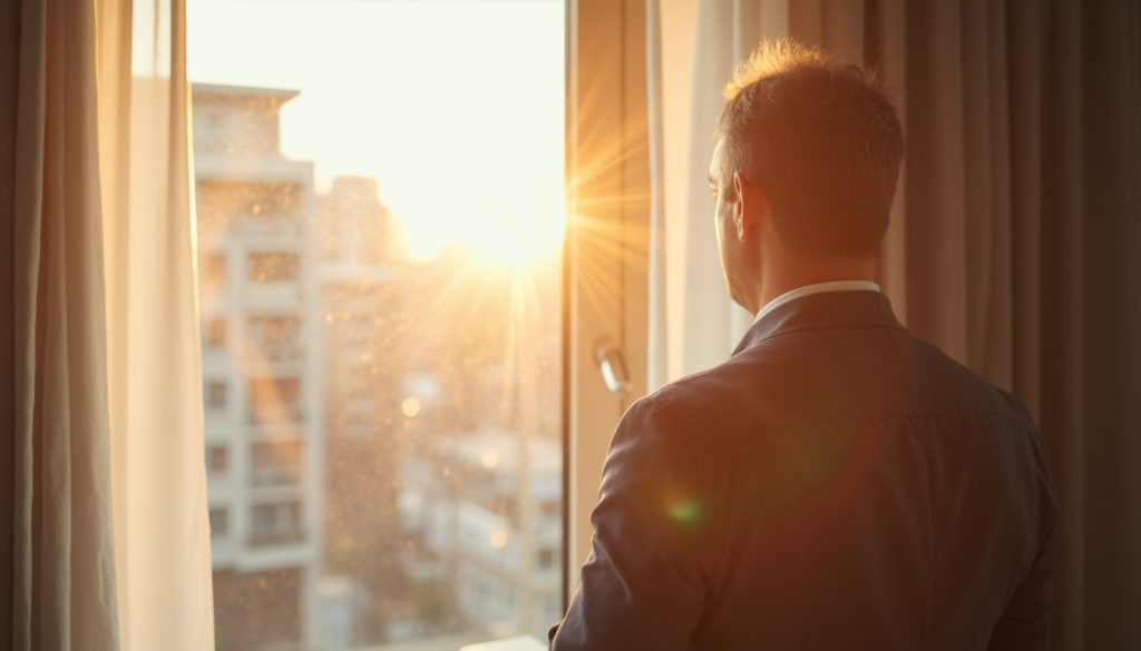 Middle-aged man at a bright window in a modern apartment, seen in soft profile
