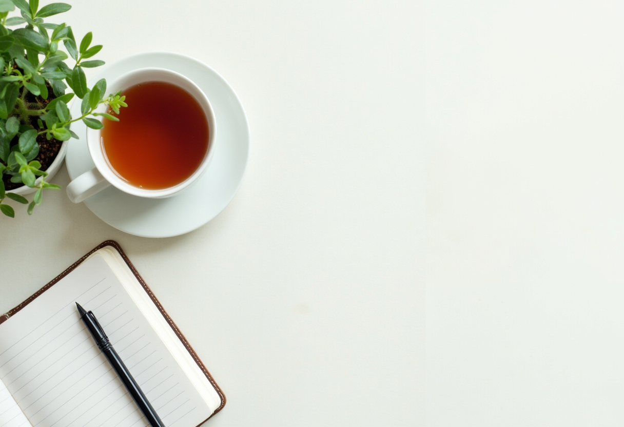 Flat-lay of a journal, cup of tea, and a small plant on a light desk